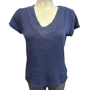 VINTAGE Lauren Ralph Lauren Women's Blouse Shirt Navy Blue‎ V-Neck Ruffle Size L